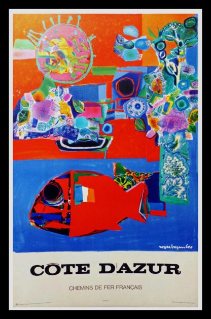 Affiche ancienne originale voyage - Côte d'Azur - Chemin de Fer Français - Roger BEZOMBES 1972