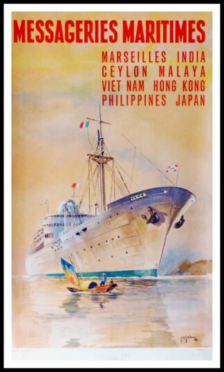 affiche ancienne originale de voyage, les Messageries Maritimes Marseille, Inde, Ceylan, Malaisie, Vietnam, Hong Kong, Philippines, Japon, signé Jean des Gashons 1958