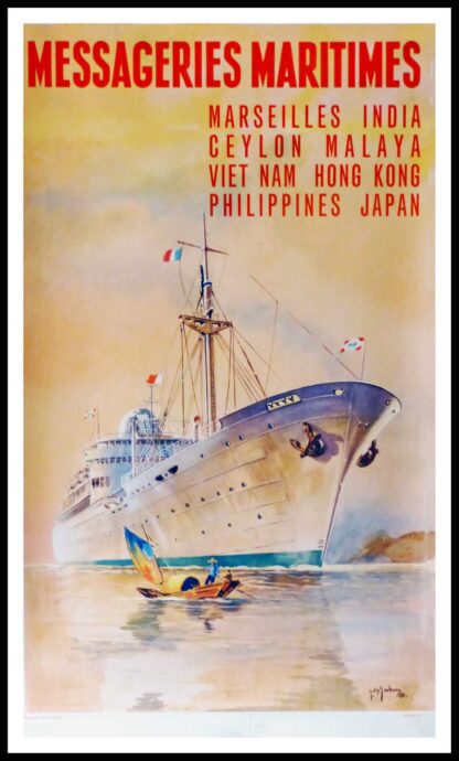 affiche ancienne originale de voyage, les Messageries Maritimes Marseille, Inde, Ceylan, Malaisie, Vietnam, Hong Kong, Philippines, Japon, signé Jean des Gashons 1958
