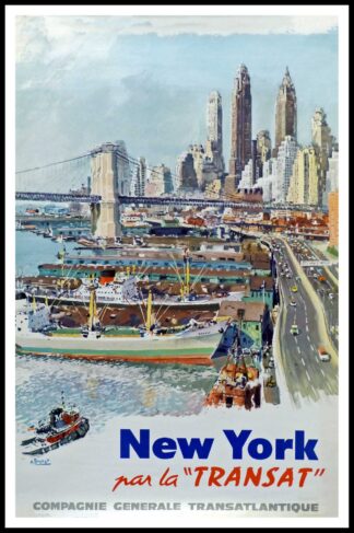 Albert BRENET original vintage travel poster, NEW YORK par la Transat, Cie Générale Transatlantique, circa 1950