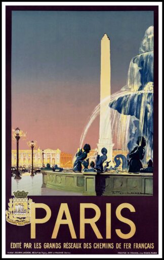 Julien LACAZE : original vintage travel poster - Paris Place de la Concorde, French National Railways 1938