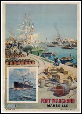 Hugo d'ALESI original vintage travel poster, Port marchand Marseille, Paquebot, Poste 1900