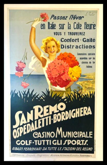 Louisa POLO affiche originale de voyage, SAN REMO Italie, Ospedaletti-Bordighera Casino, Golf, 1933
