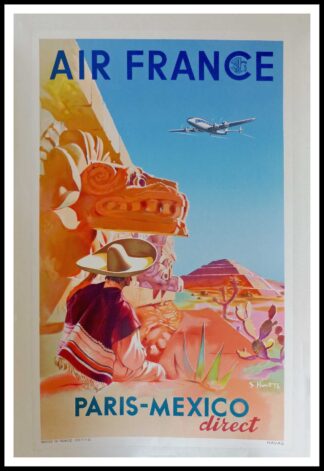 Serge PROUT : Air France Paris Mexico direct, affiche ancienne originale de voyage signée 1952