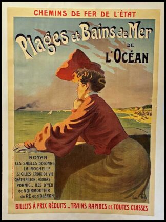 René PEAN : Plages et Bains de Mer de l'Océan, affiche ancienne originale de voyage, signée 1900
