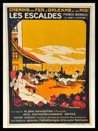 Roger SOUBIE : Les Escaldes, chemin de Fer d'Orléans et du Midi, affiche ancienne originale art deco de voyage 1920