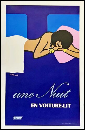 Bernard VILLEMOT : SNCF une nuit en voiture lit, affiche ancienne originale publicitaire signée 1973