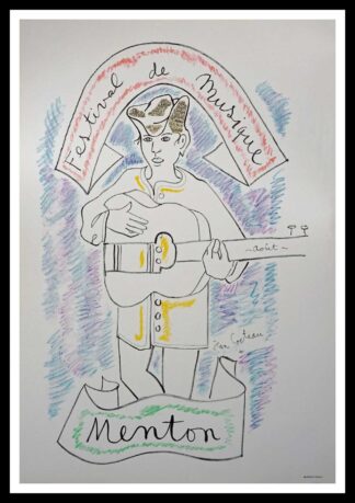 Jean COCTEAU : Festival de la Musique à MENTON, affiche ancienne originale exposition Mourlot 1955