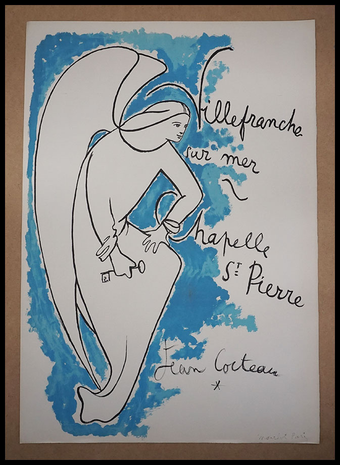 Jean COCTEAU : Villefranche sur Mer la chapelle Saint Pierre, affiche ancienne originale d’exposition 1957