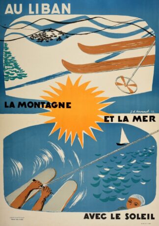 J.D. HARMOUCH : Au LIBAN la montagne et la mer avec le soleil , affiche ancienne originale 1953