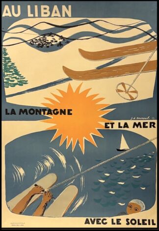 J.D. HARMOUCH : Au LIBAN la montagne et la mer avec le soleil, affiche ancienne originale de voyage 1953