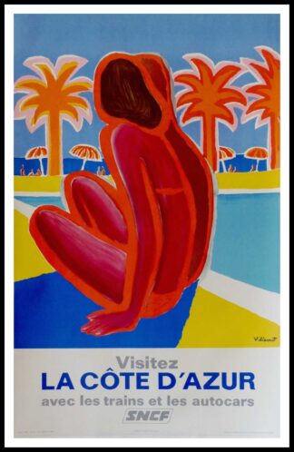 Bernard VILLEMOT : Visitez la Côte d'Azur, affiche ancienne originale de voyage 1968