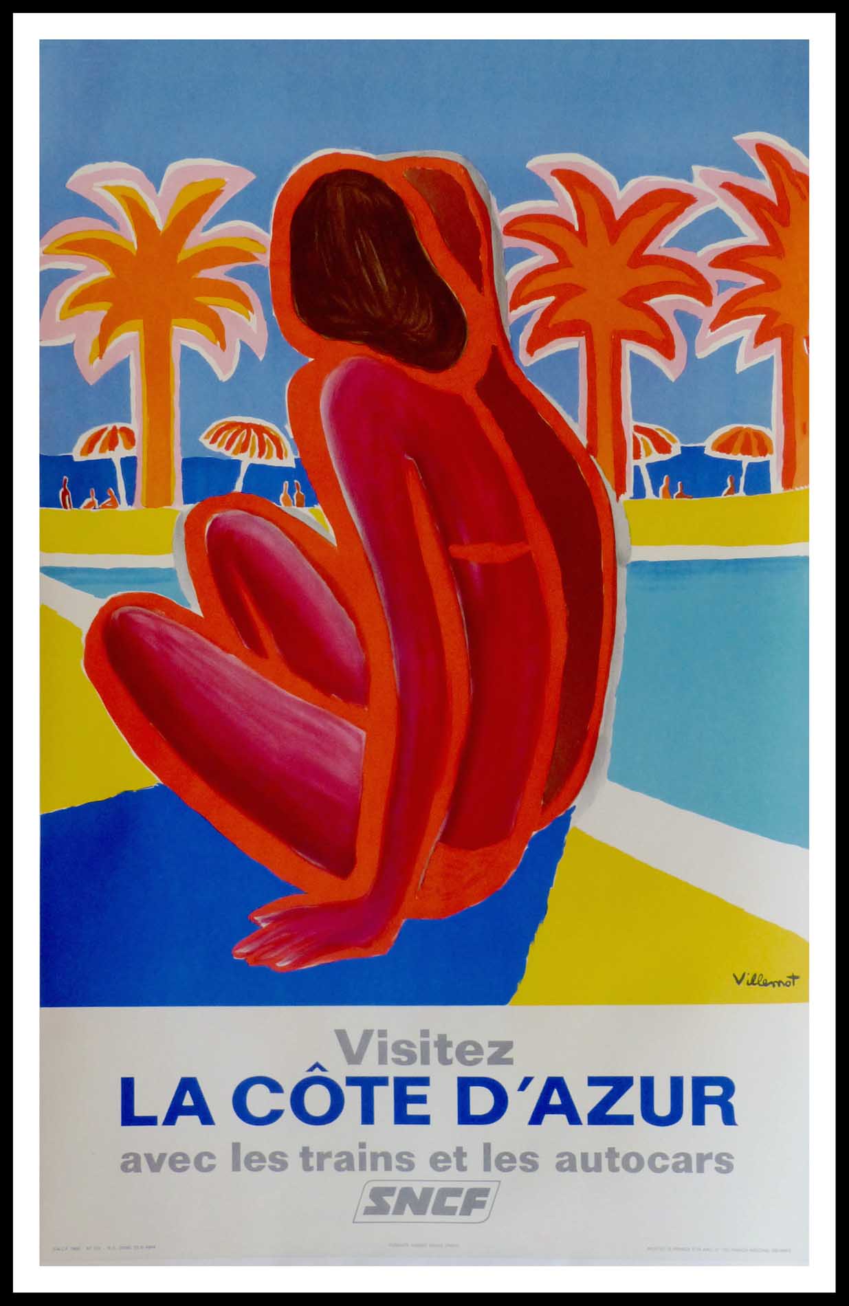 Bernard VILLEMOT : Visitez la Côte d'Azur, affiche ancienne originale de voyage 1968