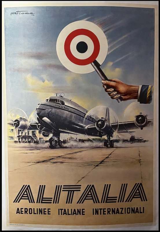 Amleto FIORE : ALITALIA aerolinee italiane internazionali, affiche ancienne originale de voyage 1952
