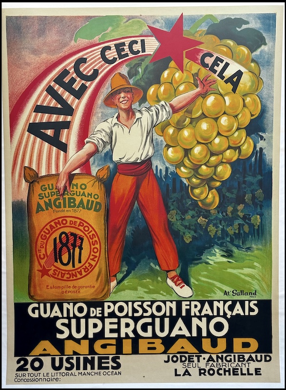 André GALLAND : Guano de poisson français superguano Angibaud , affiche ancienne originale publicitaire 1930