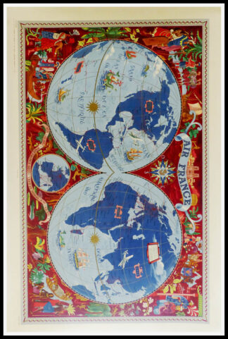 Lucien BOUCHER : Air France Planisphère, affiche ancienne originale de voyage 1950